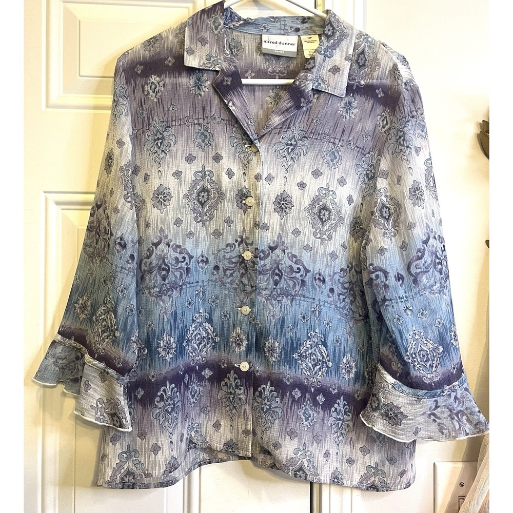 Alfred Dunner Womens 10P Sheer Button Up Blouse Blue Purple Paisley Bell Sleeve